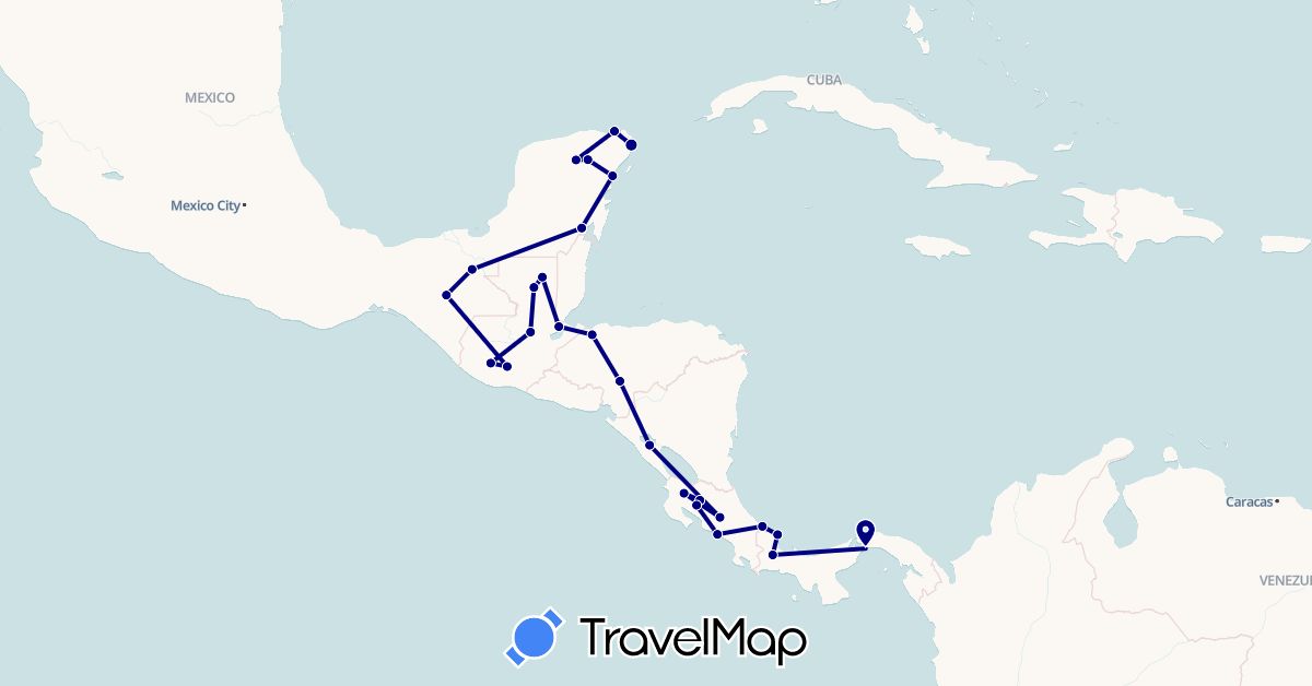TravelMap itinerary: driving in Costa Rica, Guatemala, Honduras, Mexico, Nicaragua, Panama (North America)