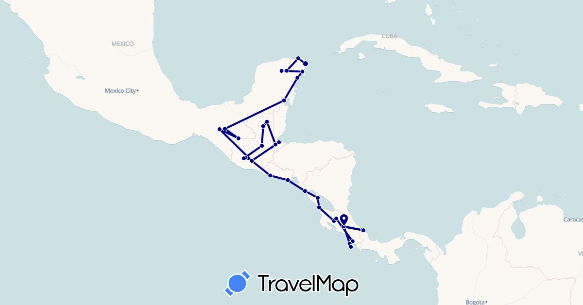 TravelMap itinerary: driving in Costa Rica, Guatemala, Mexico, Nicaragua (North America)